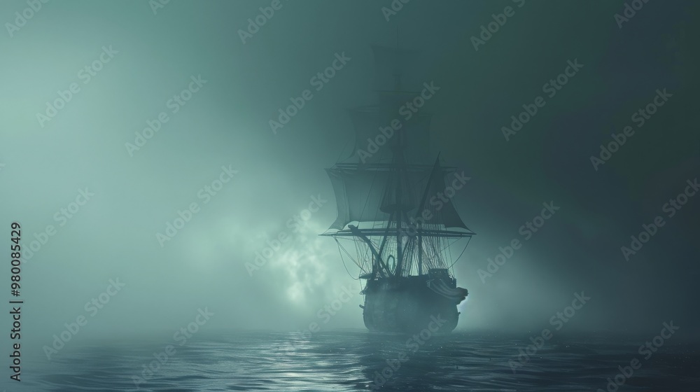 Spectral Ghost Ship Sailing Through the Mist-Shrouded Waters of a Dark and Haunted Sea Spectral Ghost Ship Sailing Through the Mist-Shrouded Waters of a Dark and Haunted Sea