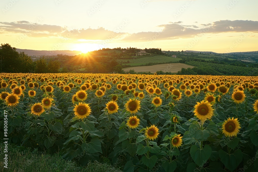 Fototapeta premium Sunset over a sunflower field in summer