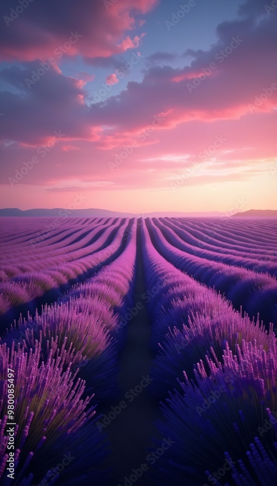Lavender field at sunset with pink clouds and purple flowers stretching to horizon phone wallpaper Lavender field at sunset with pink clouds and purple flowers stretching to horizon phone wallpaper