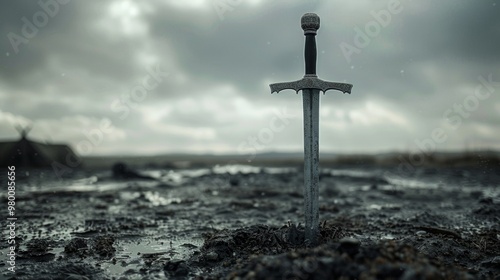 Viking sword buried in the mud with a Viking village in the background