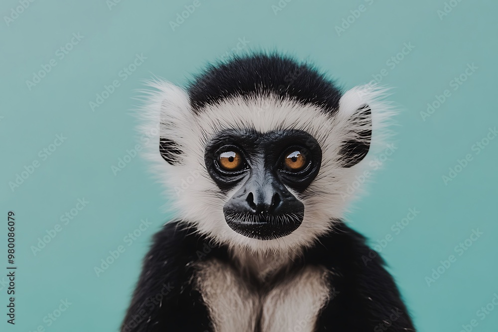 Cute Black and White Lemur Portrait with Big Eyes Against a Blue Background Cute Black and White Lemur Portrait with Big Eyes Against a Blue Background