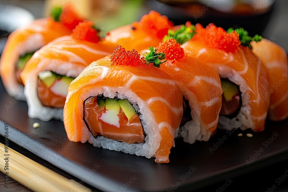 Gourmet salmon sushi rolls served on a black plate with garnishes, ready for a fine dining experience , ai Gourmet salmon sushi rolls served on a black plate with garnishes, ready for a fine dining experience , ai