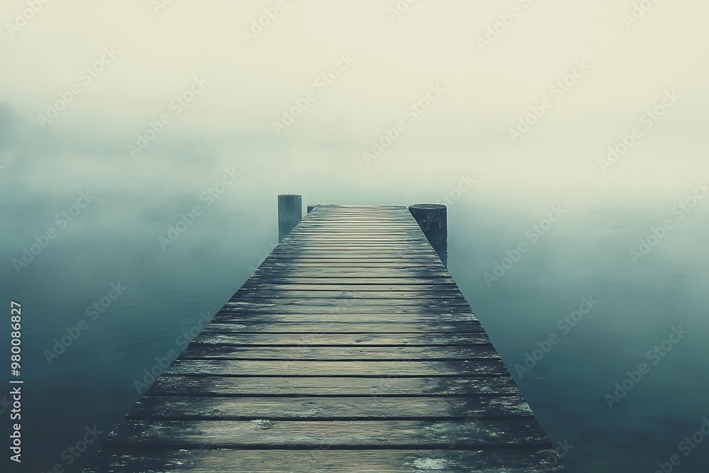 Obraz premium Foggy wooden pier extending into a misty lake