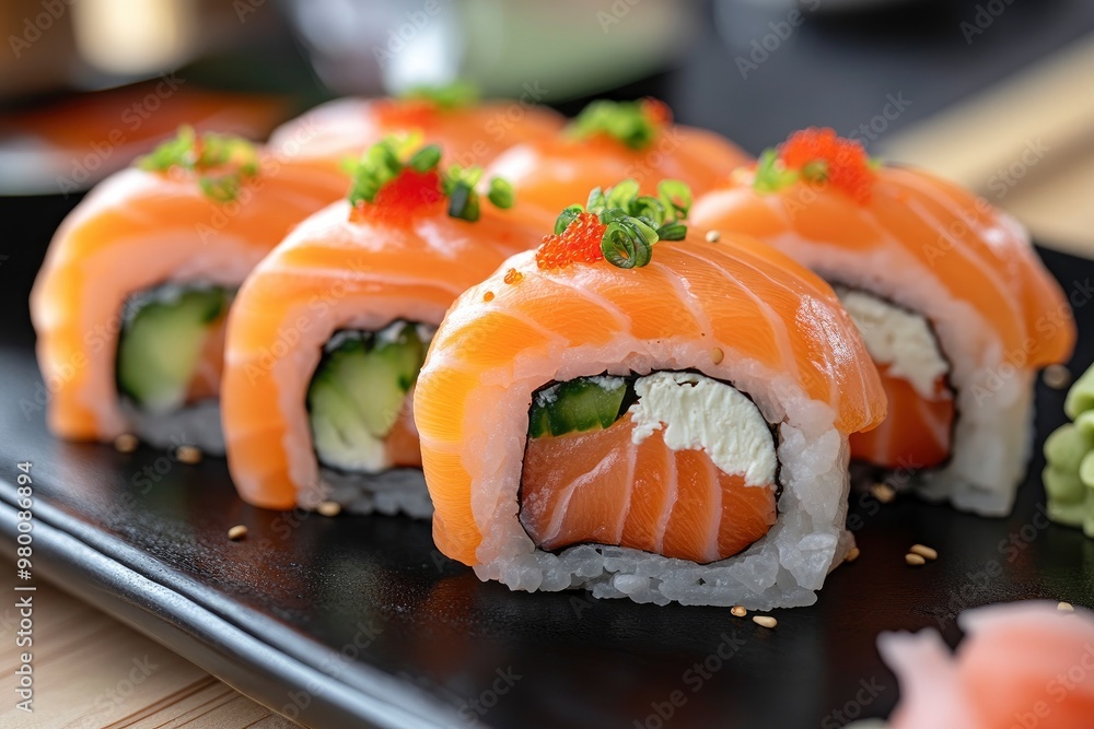 Gourmet salmon sushi rolls served on a black plate with garnishes, ready for a fine dining experience , ai Gourmet salmon sushi rolls served on a black plate with garnishes, ready for a fine dining experience , ai