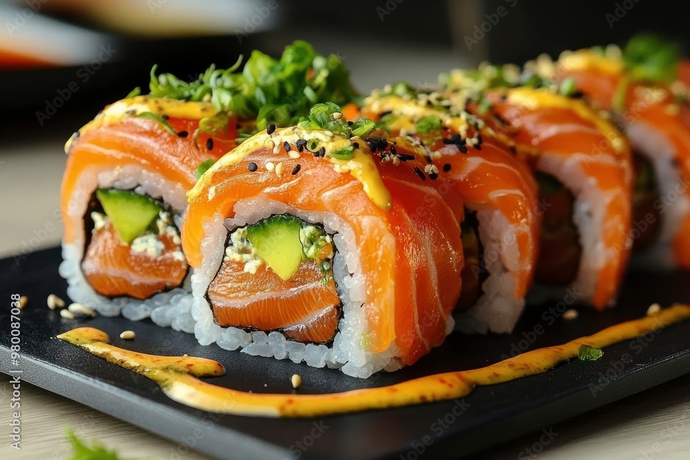 Gourmet salmon sushi rolls served on a black plate with garnishes, ready for a fine dining experience , ai Gourmet salmon sushi rolls served on a black plate with garnishes, ready for a fine dining experience , ai