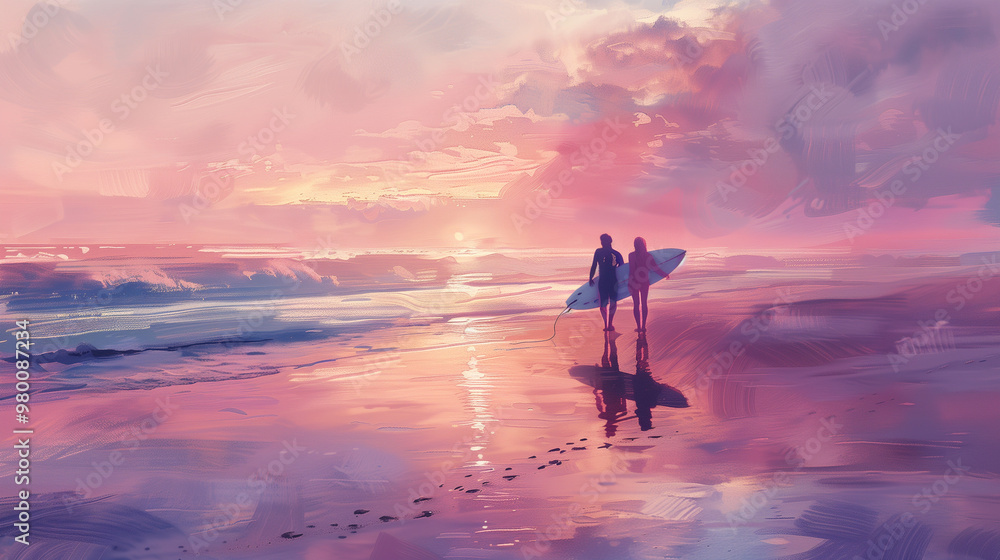 Sunset Surf: Vibrant Colours Over a Coastal Horizon, oil painting Sunset Surf: Vibrant Colours Over a Coastal Horizon, oil painting