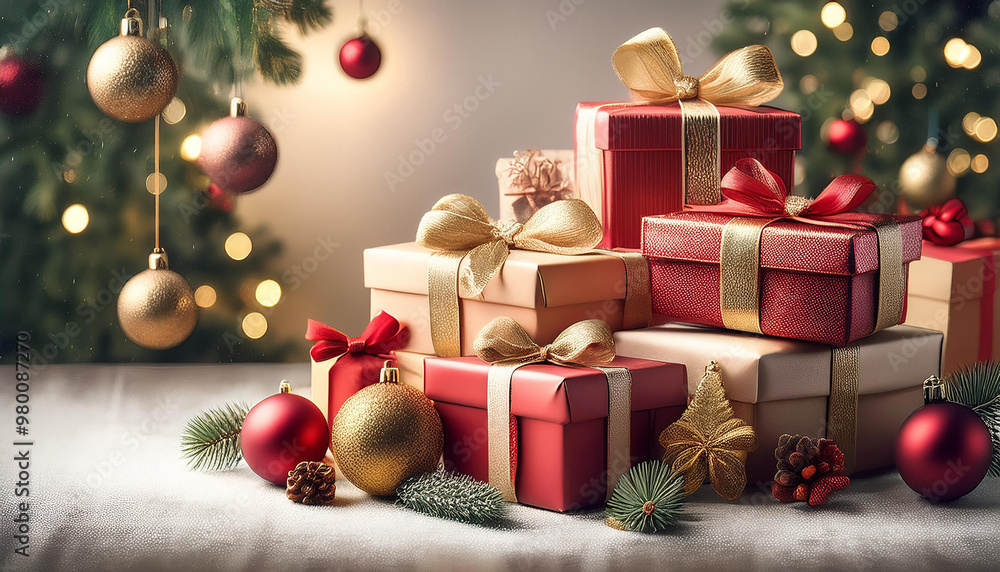 Fototapeta premium ラッピングされたクリスマスプレゼントがたくさん積まれている