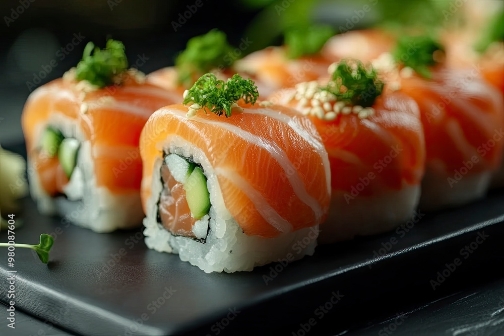 Gourmet salmon sushi rolls served on a black plate with garnishes, ready for a fine dining experience , ai Gourmet salmon sushi rolls served on a black plate with garnishes, ready for a fine dining experience , ai