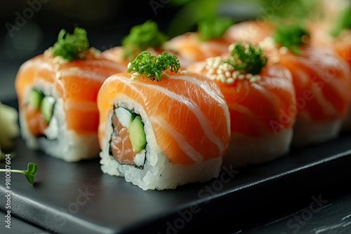 Gourmet salmon sushi rolls served on a black plate with garnishes, ready for a fine dining experience , ai