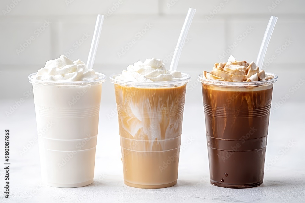 Three iced coffee drinks in transparent cups with straws each with different amounts of milk and cream Three iced coffee drinks in transparent cups with straws each with different amounts of milk and cream