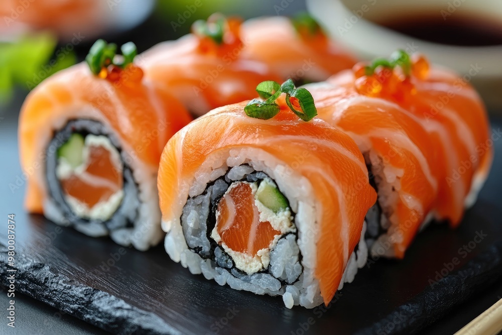 Gourmet salmon sushi rolls served on a black plate with garnishes, ready for a fine dining experience , ai Gourmet salmon sushi rolls served on a black plate with garnishes, ready for a fine dining experience , ai