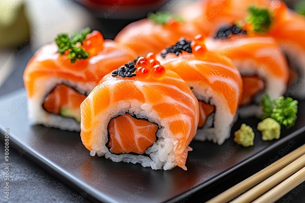 Gourmet salmon sushi rolls served on a black plate with garnishes, ready for a fine dining experience , ai Gourmet salmon sushi rolls served on a black plate with garnishes, ready for a fine dining experience , ai