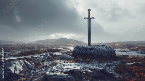 Viking sword buried in the mud with a Viking village in the background