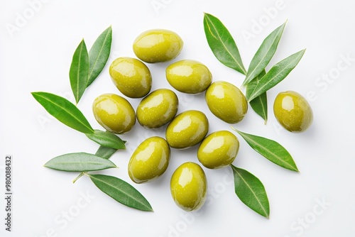Wallpaper Mural Top view of green olives with leaves on a white background Flat lay Torontodigital.ca