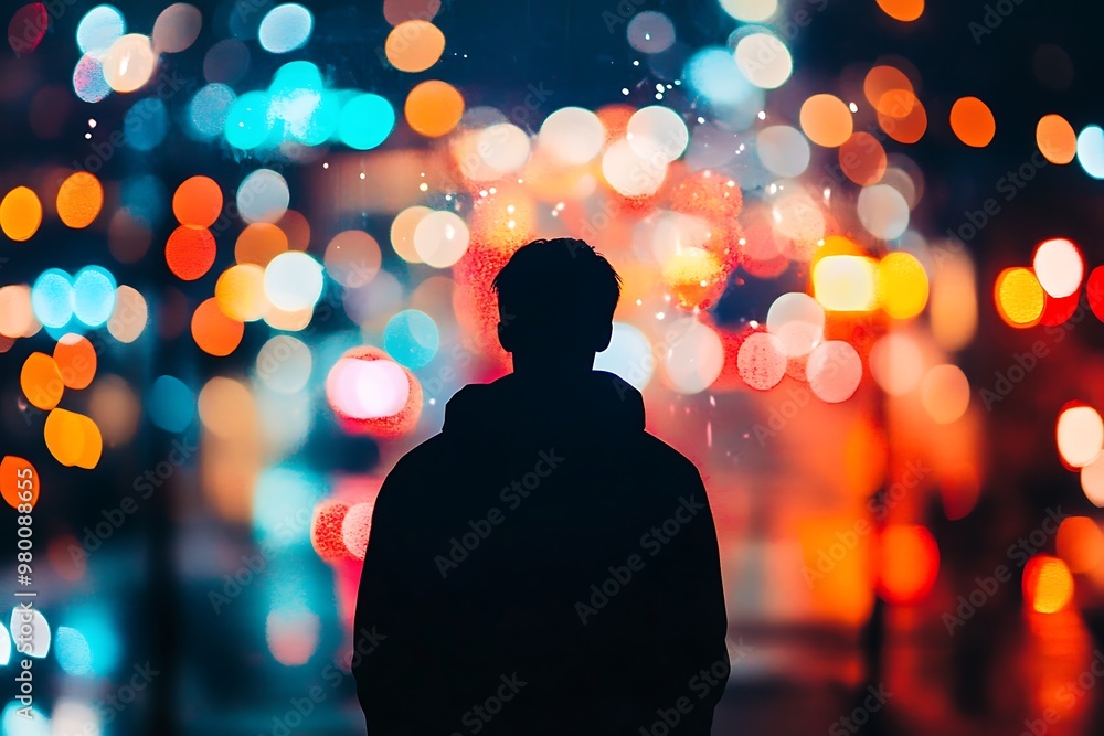 Silhouette of a man standing in front of blurred city lights at night. Concept of hope, loneliness, and urban life. Silhouette of a man standing in front of blurred city lights at night. Concept of hope, loneliness, and urban life.