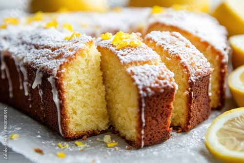 Traditional lemon pound cake drizzled with powdered sugar sliced on parchment and garnished with lemon zest