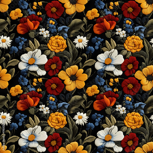 Illustration of nature flower. Seamless patterns in stumpwork embroidery style of floral.[A-0227]