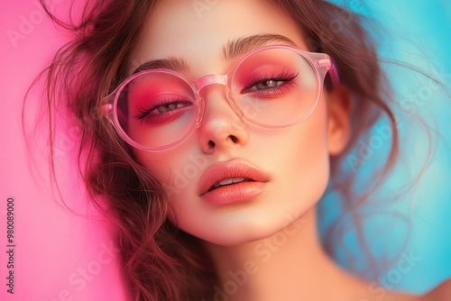 Unedited portrait of a young woman with pink glasses showcasing glamorous emotions against a colorful backdrop