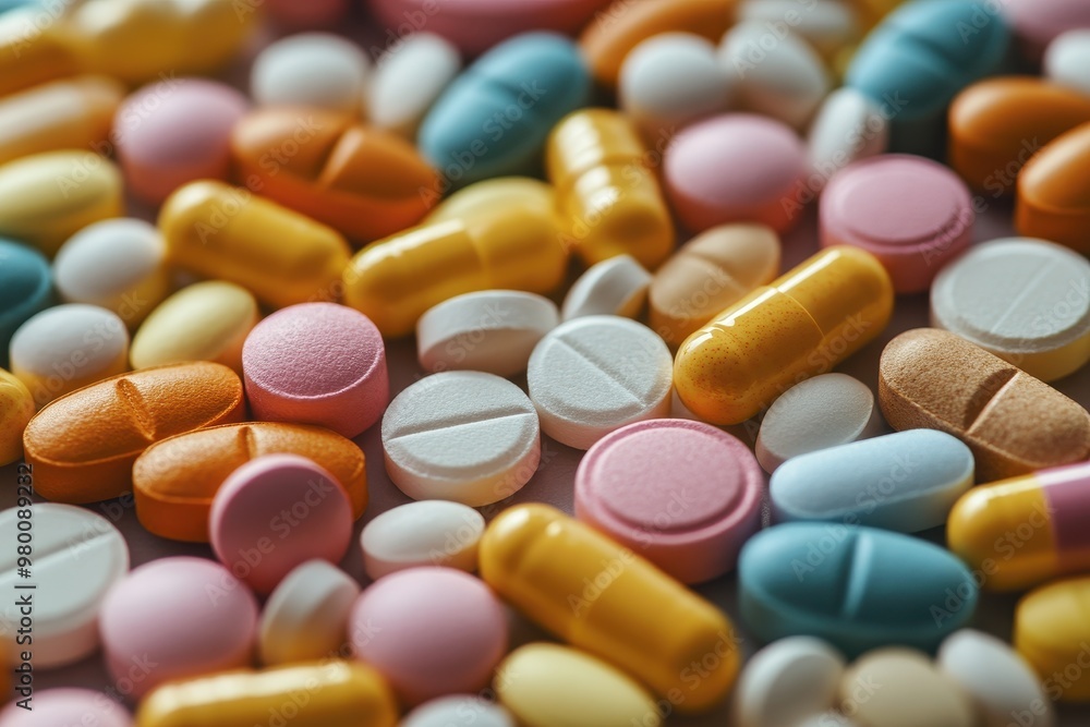 Variety of medication tablets and capsules on a backdrop Variety of medication tablets and capsules on a backdrop
