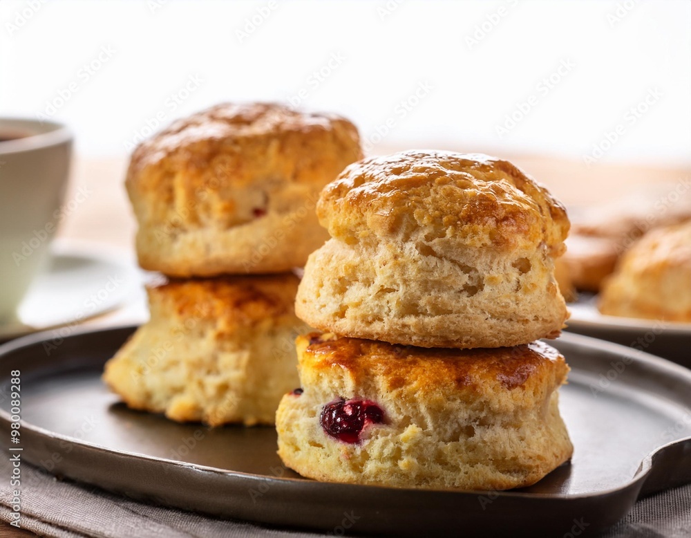 Gourmet scones with depth of field showcasing crumbly texture and rich flavors Gourmet scones with depth of field showcasing crumbly texture and rich flavors