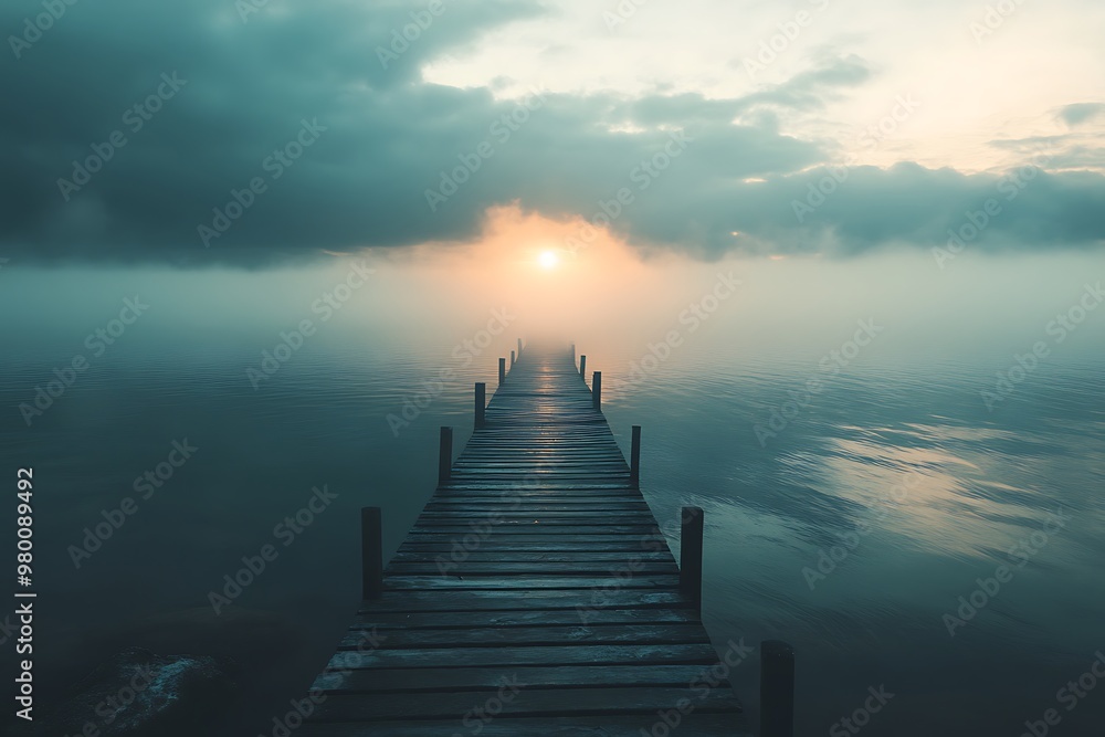 Wooden dock leading into foggy lake with sun shining through clouds. Abstract concept of uncertainty, hope, and future Wooden dock leading into foggy lake with sun shining through clouds. Abstract concept of uncertainty, hope, and future