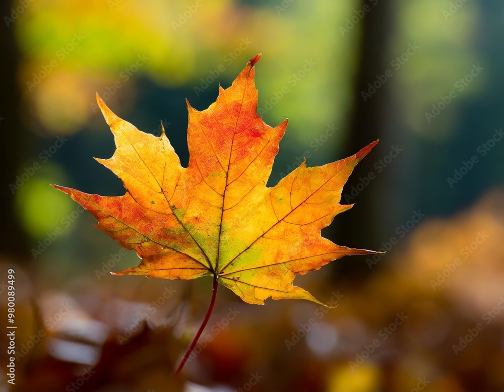 Isolated maple leaf with depth of field highlighting unique shape and vivid autumn hues Isolated maple leaf with depth of field highlighting unique shape and vivid autumn hues