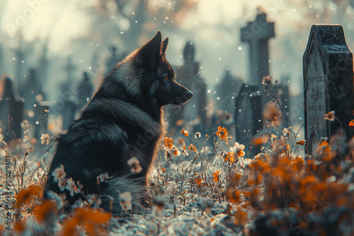 A spectral dog wandering through an old cemetery, with an aura of sadness and mystery surrounding it. Concept of animal spirits and ghostly guardians. photo