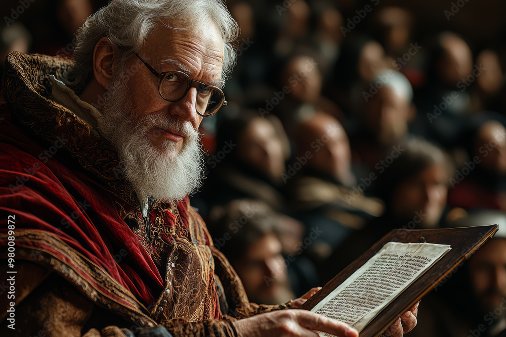 Obraz premium A medieval scholar participating in a modern academic conference, presenting research on a tablet and engaging with current scholarly discussions.