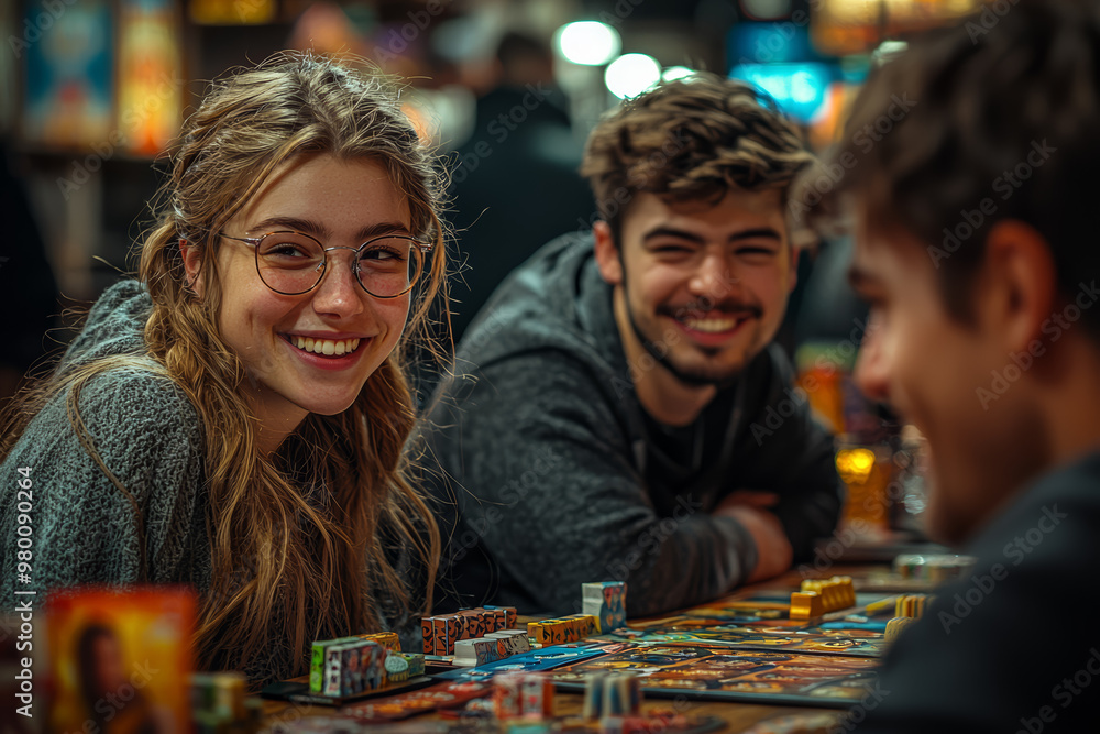 Fototapeta premium A group of friends taking part in a lively board game night, with a variety of games spread out on a table and enthusiastic laughter filling the room.