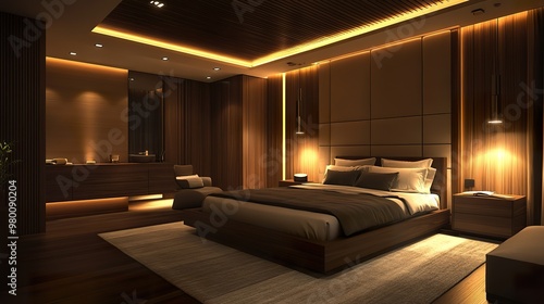 Modern bedroom with a king-size bed, dark wood accents, and ambient lighting from a stylish ceiling fixture.