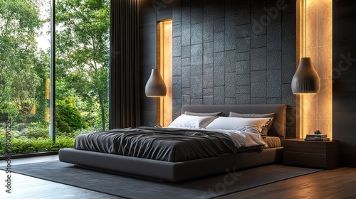 Modern bedroom with a textured accent wall behind the bed, elegant pendant lights, and a large window.