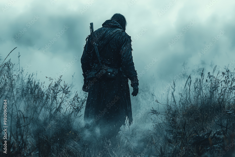 Φωτογραφία A ghostly figure of a soldier appearing in an old battlefield at dusk, with eerie mist and remnants of past conflicts