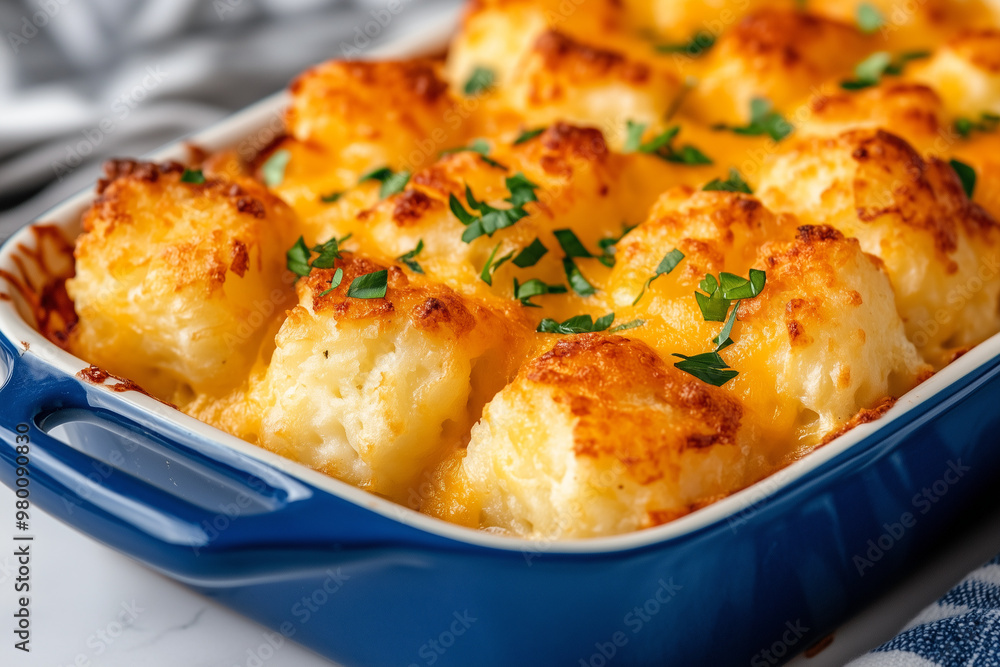 Fototapeta premium Minnesota Tater tot hotdish casserole from fresh out of the oven in a blue casserole dish topped with parsley