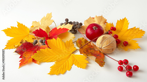 Yellowed leaves, rowan berries on a light background. photo