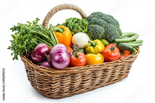 Vegetables Isolated on White. Vegetables Basket  Fresh Broccoli  Onions  Tomatoes  Paprikas  Green Beans and Other Fresh Garden Produce. Horizontal Studio Photo - Solid White Background  ai