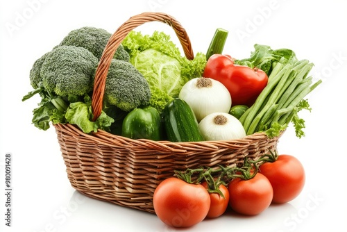 Vegetables Isolated on White. Vegetables Basket  Fresh Broccoli  Onions  Tomatoes  Paprikas  Green Beans and Other Fresh Garden Produce. Horizontal Studio Photo - Solid White Background  ai