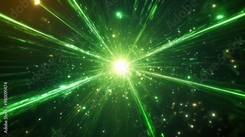 A burst of green light shining from the center, casting vibrant beams in all directions for a sci-fi look.