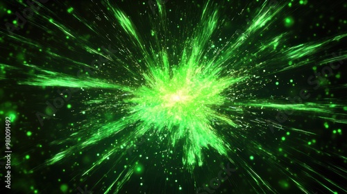 A burst of neon green light radiating outward from the center, casting vibrant energy across a black background.