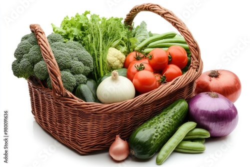 Vegetables Isolated on White. Vegetables Basket  Fresh Broccoli  Onions  Tomatoes  Paprikas  Green Beans and Other Fresh Garden Produce. Horizontal Studio Photo - Solid White Background  ai