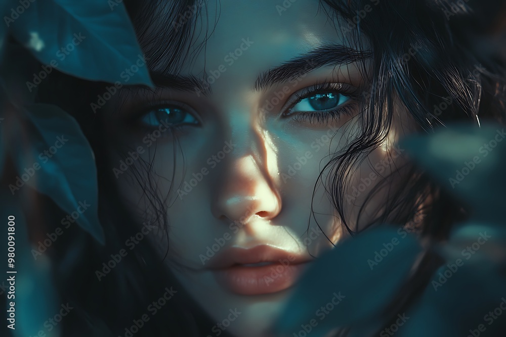 Mystical Woman with Green Eyes Gazing Through Leaves Mystical Woman with Green Eyes Gazing Through Leaves