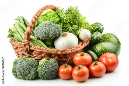 Vegetables Isolated on White. Vegetables Basket  Fresh Broccoli  Onions  Tomatoes  Paprikas  Green Beans and Other Fresh Garden Produce. Horizontal Studio Photo - Solid White Background  ai