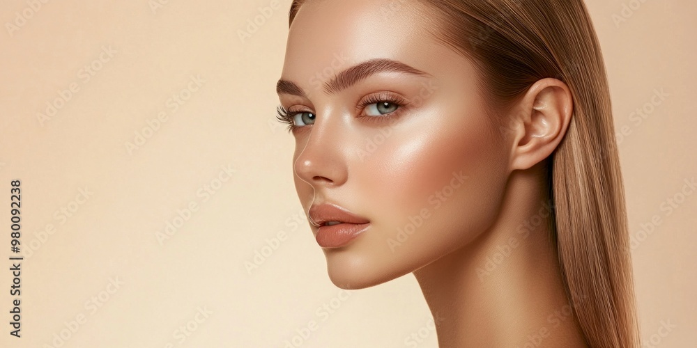 A stunning profile portrait of a young woman showcasing radiant skin ...