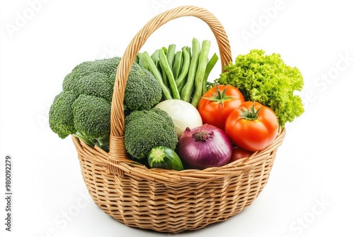 Vegetables Isolated on White. Vegetables Basket  Fresh Broccoli  Onions  Tomatoes  Paprikas  Green Beans and Other Fresh Garden Produce. Horizontal Studio Photo - Solid White Background  ai