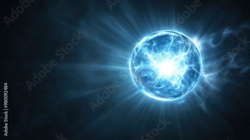 A glowing blue light orb floating in a dark void, radiating soft beams of light in all directions.