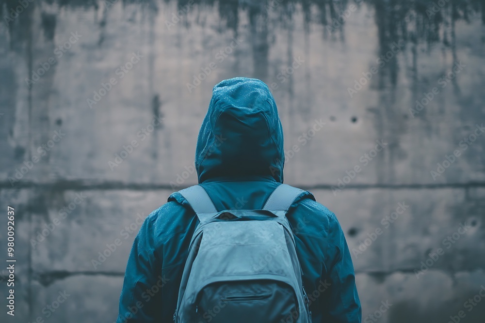 Mysterious hooded figure with backpack standing against a concrete wall. Urban, youth, identity, anonymity, mystery, lonely, sadness, depression Mysterious hooded figure with backpack standing against a concrete wall. Urban, youth, identity, anonymity, mystery, lonely, sadness, depression