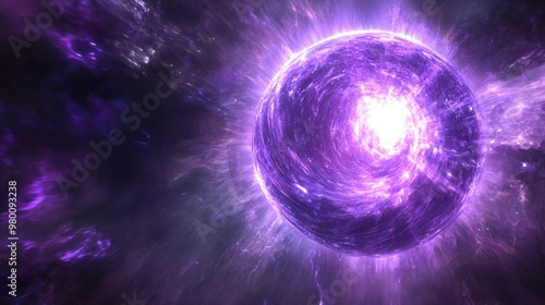 A glowing orb of violet light suspended in a dark void, casting soft, radial beams of light.