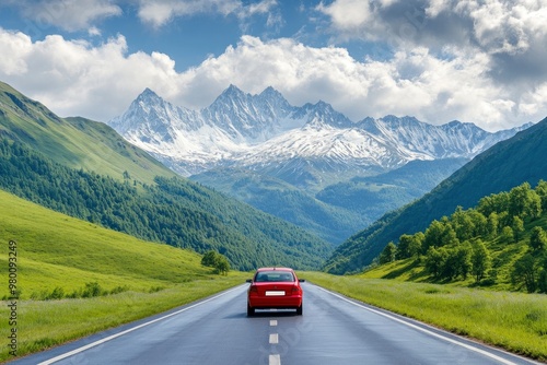 Red car driving on nature road between green mountains in summer. Nature landscape on highway for summer vacation travel. Mountain road view on beautiful nature trip in Europe. car drive highway, ai