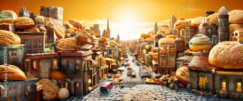 A fantastical cityscape where buildings are topped with oversized bread loaves and pastries under a warm sunrise. The scene is surreal, blending urban architecture with food elements, creating a