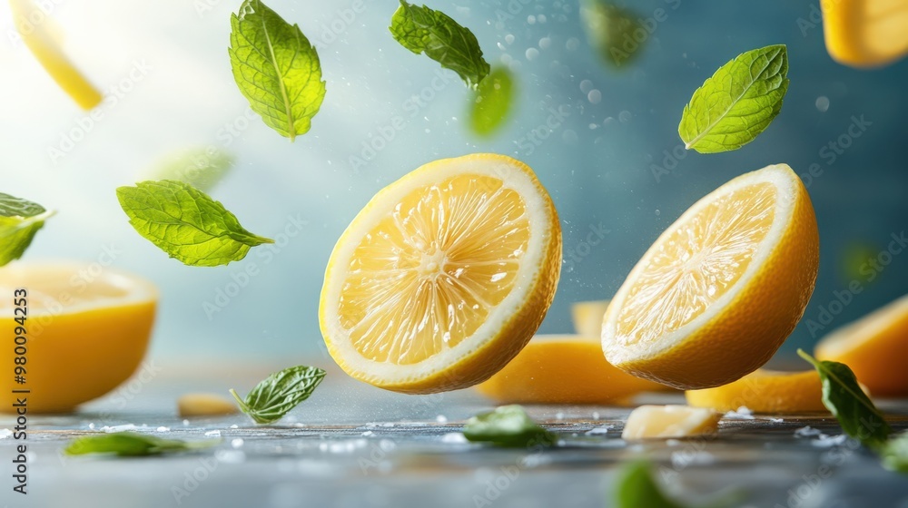 Falling Lemon Slices and Mint Leaves Falling Lemon Slices and Mint Leaves