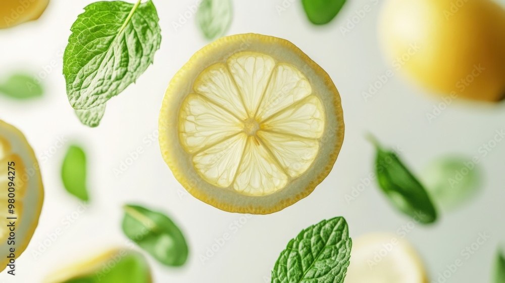 Fresh Citrus Slices and Mint Leaves Falling Fresh Citrus Slices and Mint Leaves Falling